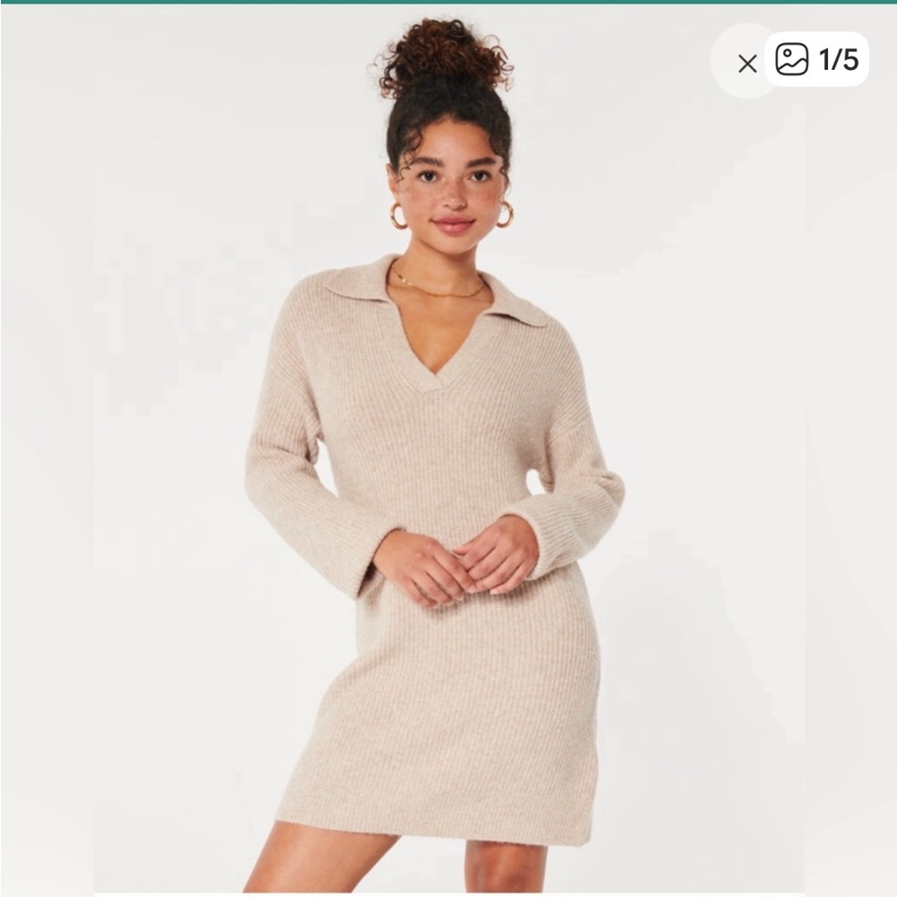 Hollister Cream Ribbed Knit Sweater Dress